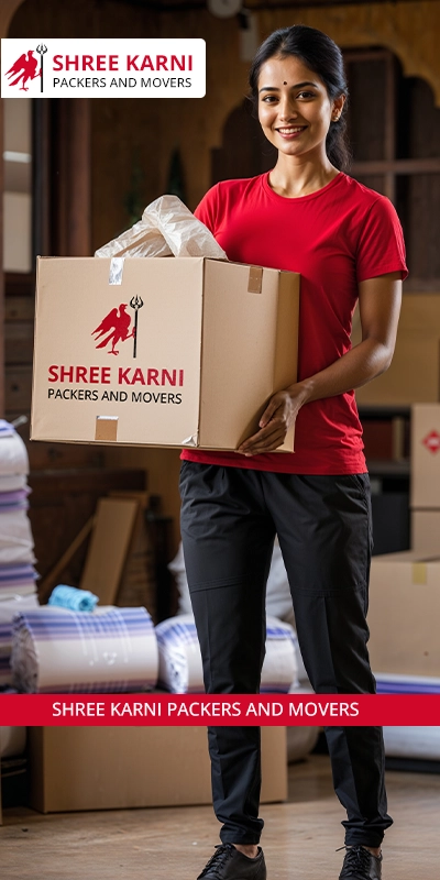 Professional packers handling moving boxes